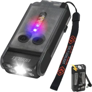 BORUIT V30 LED Small Powerful EDC Flashlight with Red and 365nm UV Light,180°Rotation,USB A/C-C Rechargeable Pocket Flat Keychain Flashlight with Clip,120DB Buzzer,Power Bank Function(Black)