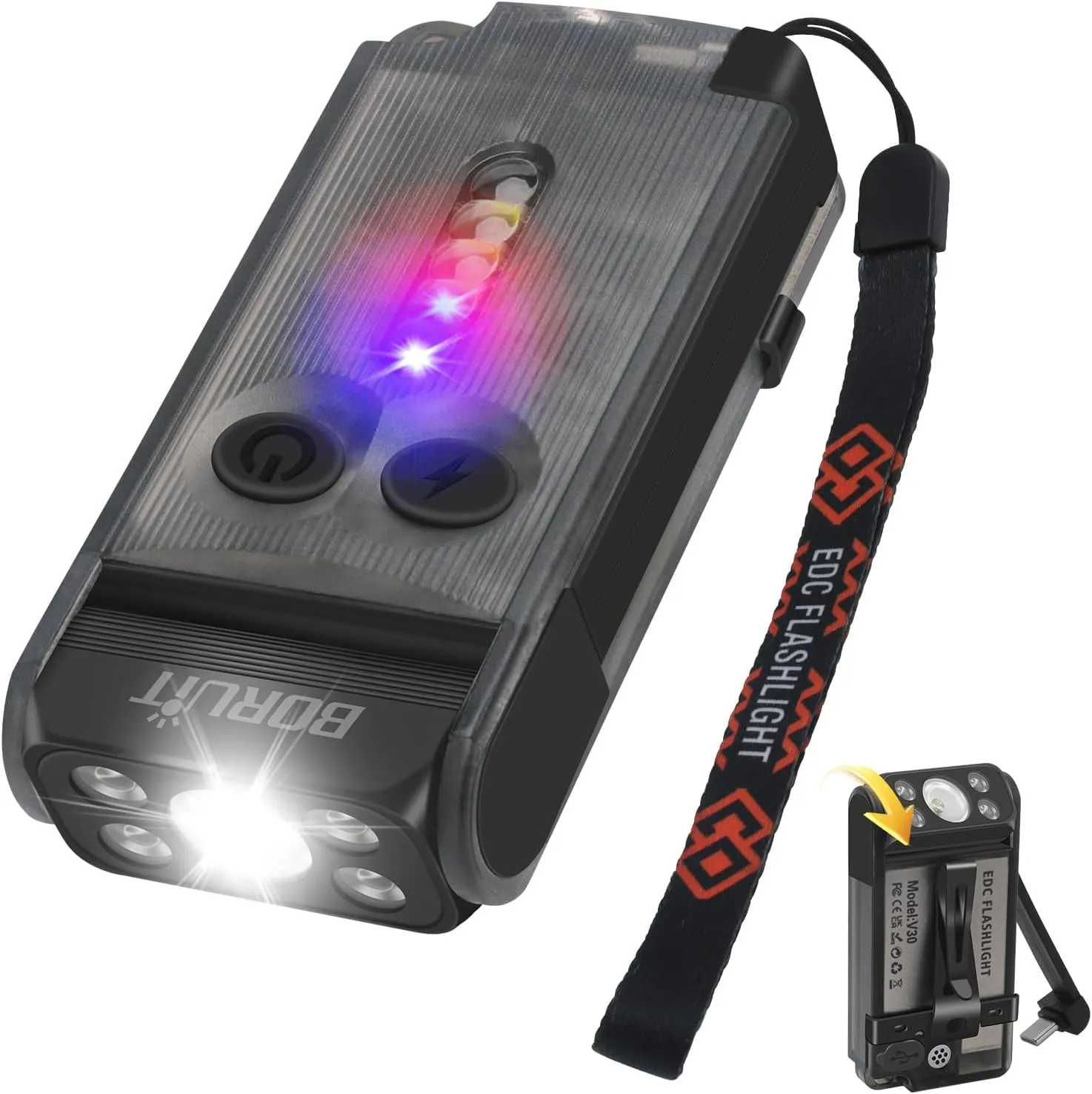 BORUIT V30 LED Small Powerful EDC Flashlight with Red and 365nm UV Light,180°Rotation,USB A/C-C Rechargeable Pocket Flat Keychain Flashlight with Clip,120DB Buzzer,Power Bank Function(Black)