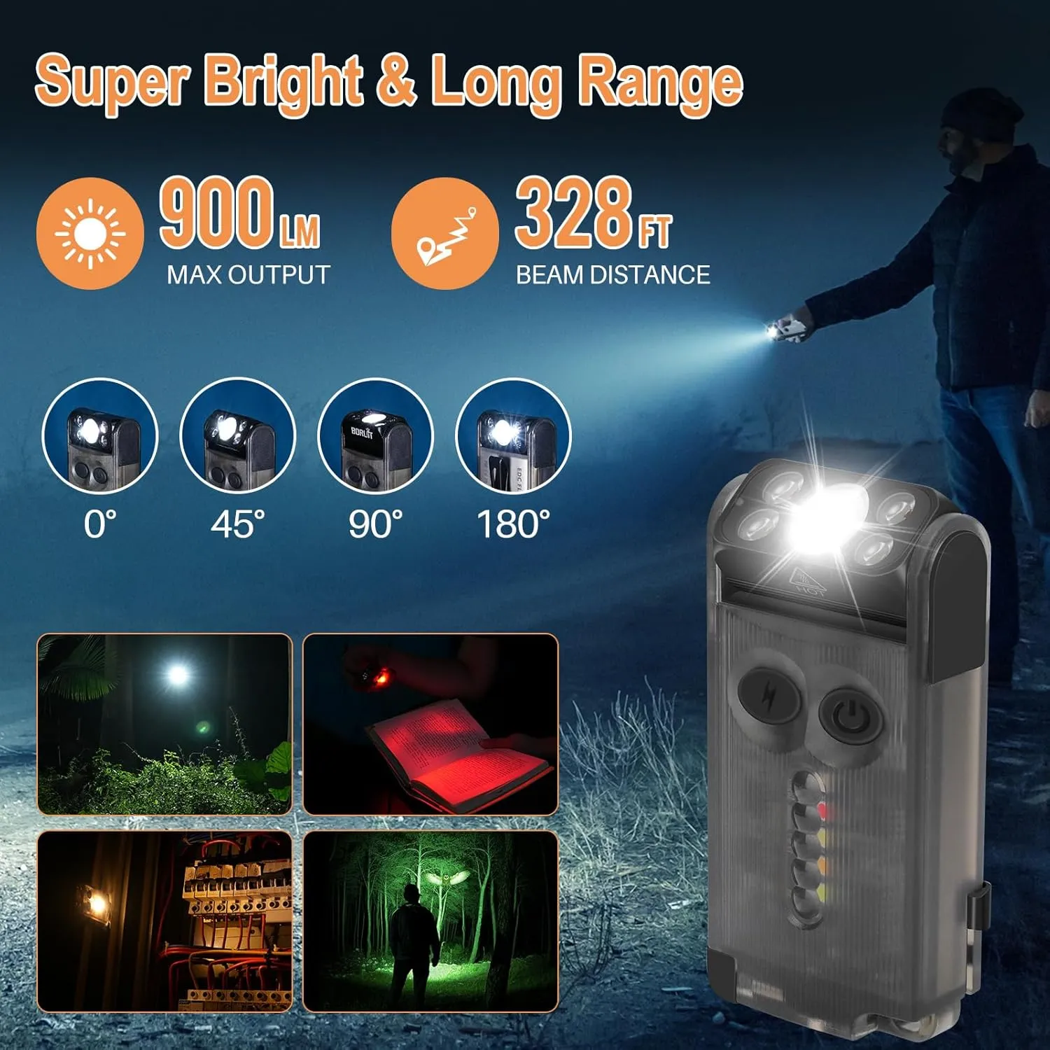 BORUIT V30 LED Small Powerful EDC Flashlight with Red and 365nm UV Light,180°Rotation,USB A/C-C Rechargeable Pocket Flat Keychain Flashlight with Clip,120DB Buzzer,Power Bank Function(Black)