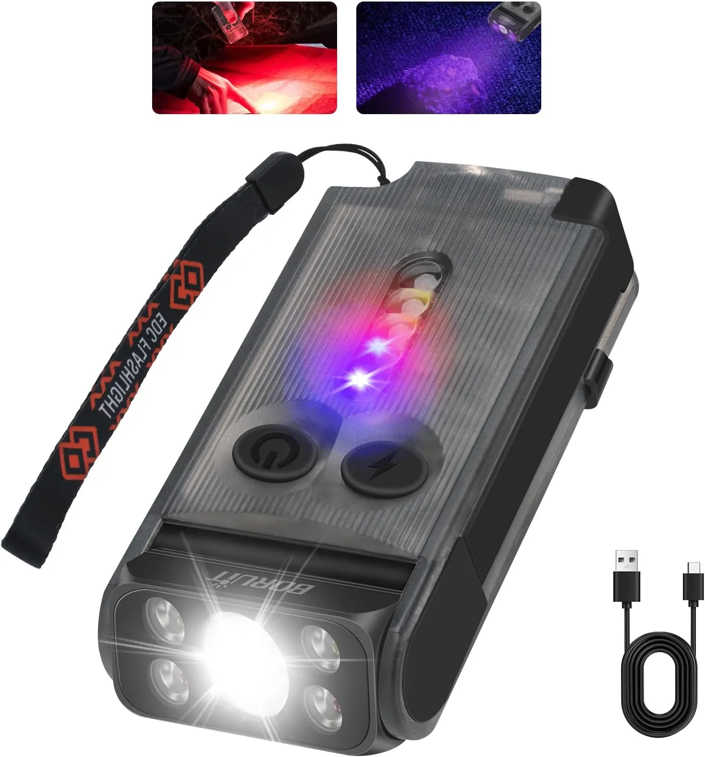 BORUIT V30 Rechargeable EDC Flashlight with 365nm Blacklight UV/Red Flashlight,Bright Keychain Lights with Clip and Magnet, 180° Rotatable Pocket Flashlight for Everyday Carry and Emergencies