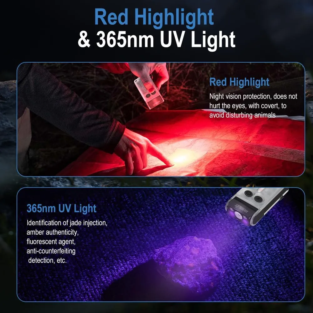 BORUIT V30 Small LED Flashlight - 365nm UV, Red/Green Light, 180° Swivel, Magnetic EDC Clip, Powerful Flashlights USB-C Rechargeable, Mini Pocket Keychain Flash Light IP65, 120dB, White