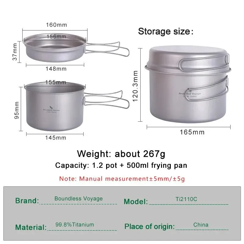 BOUNDLESS VOYAGE Titanium Pot & Pan Set – Lightweight Folding Handle Camping Cookware