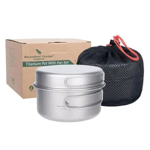 BOUNDLESS VOYAGE Titanium Pot & Pan Set – Lightweight Folding Handle Camping Cookware