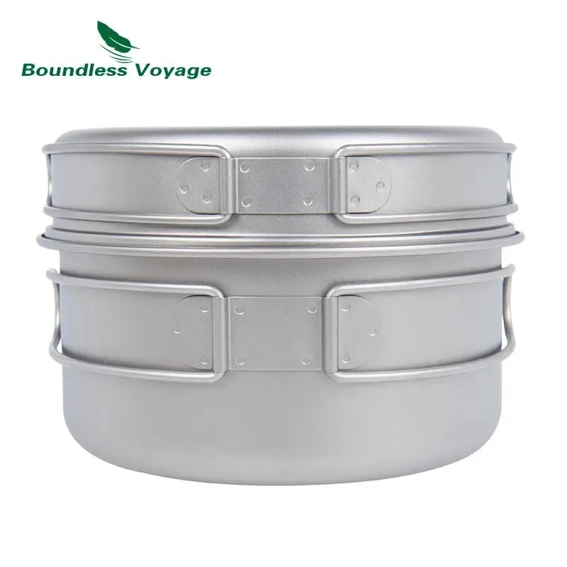 BOUNDLESS VOYAGE Titanium Pot & Pan Set – Lightweight Folding Handle Camping Cookware