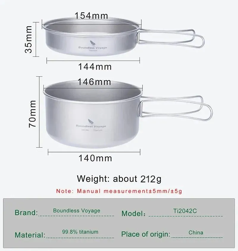 BOUNDLESS VOYAGE Titanium Pot & Pan Set – Lightweight Folding Handle Camping Cookware