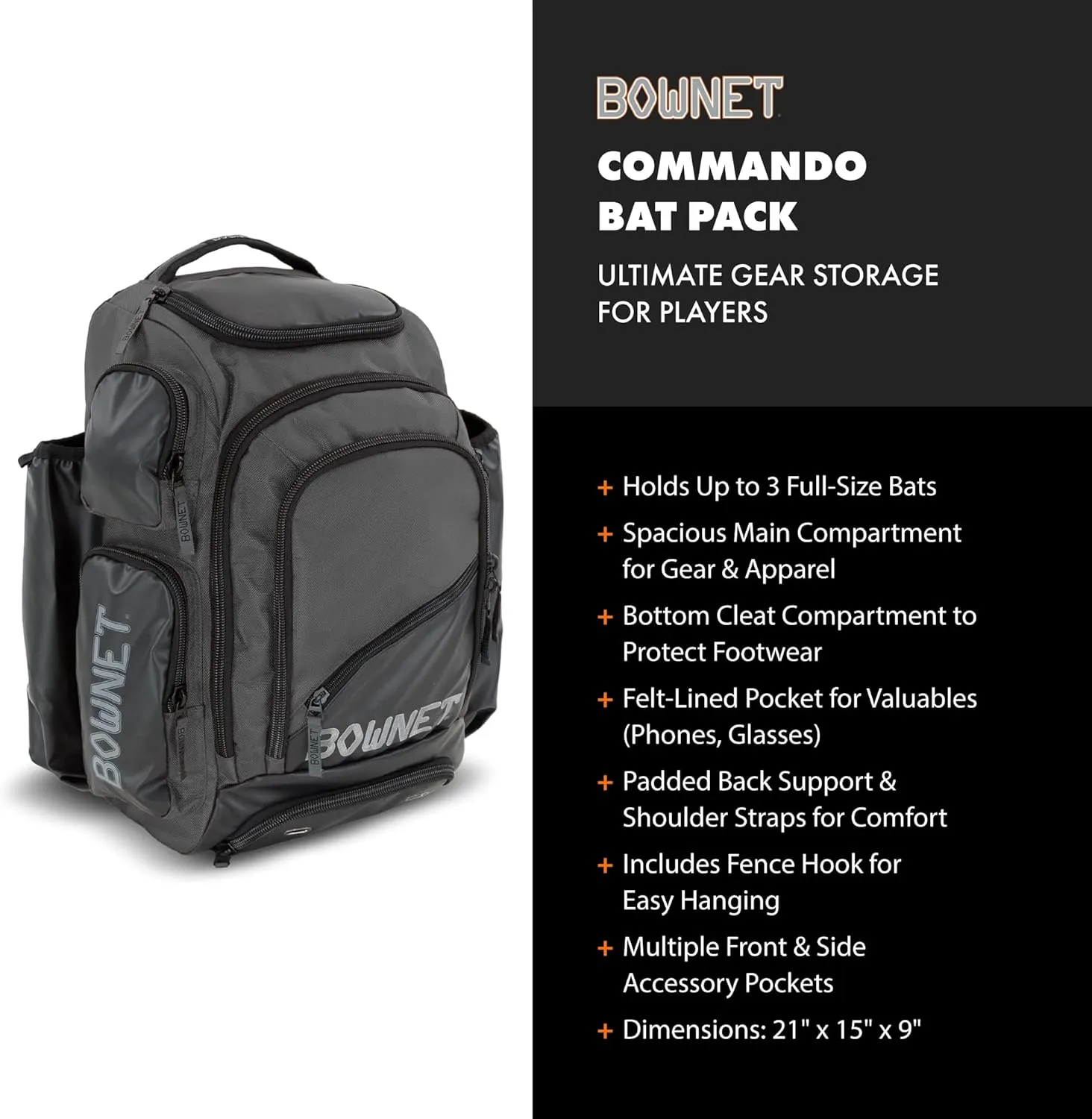 Bownet Commando Bat Bag - Holds 3 Full-Size Baseball Bats - Ultimate Batting Backpack for Boys and Girls Players - Youth Baseball Bag with Large Main Compartment