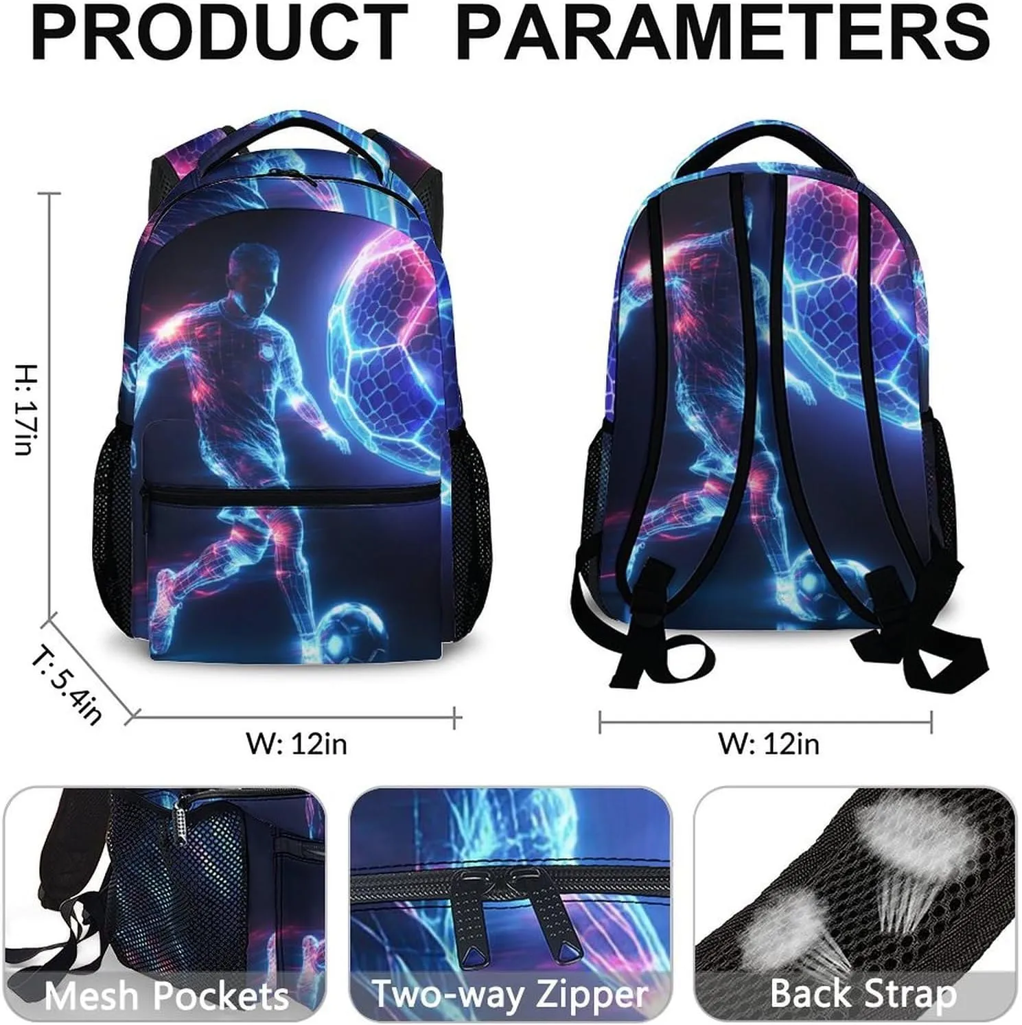 Boys Bookbag, Soccer Backpack, Kids Schoolbag for Boys Girls, Gift for Kids Back to School, 17 Inch Student Bookbag for Travel Picnic Hiking