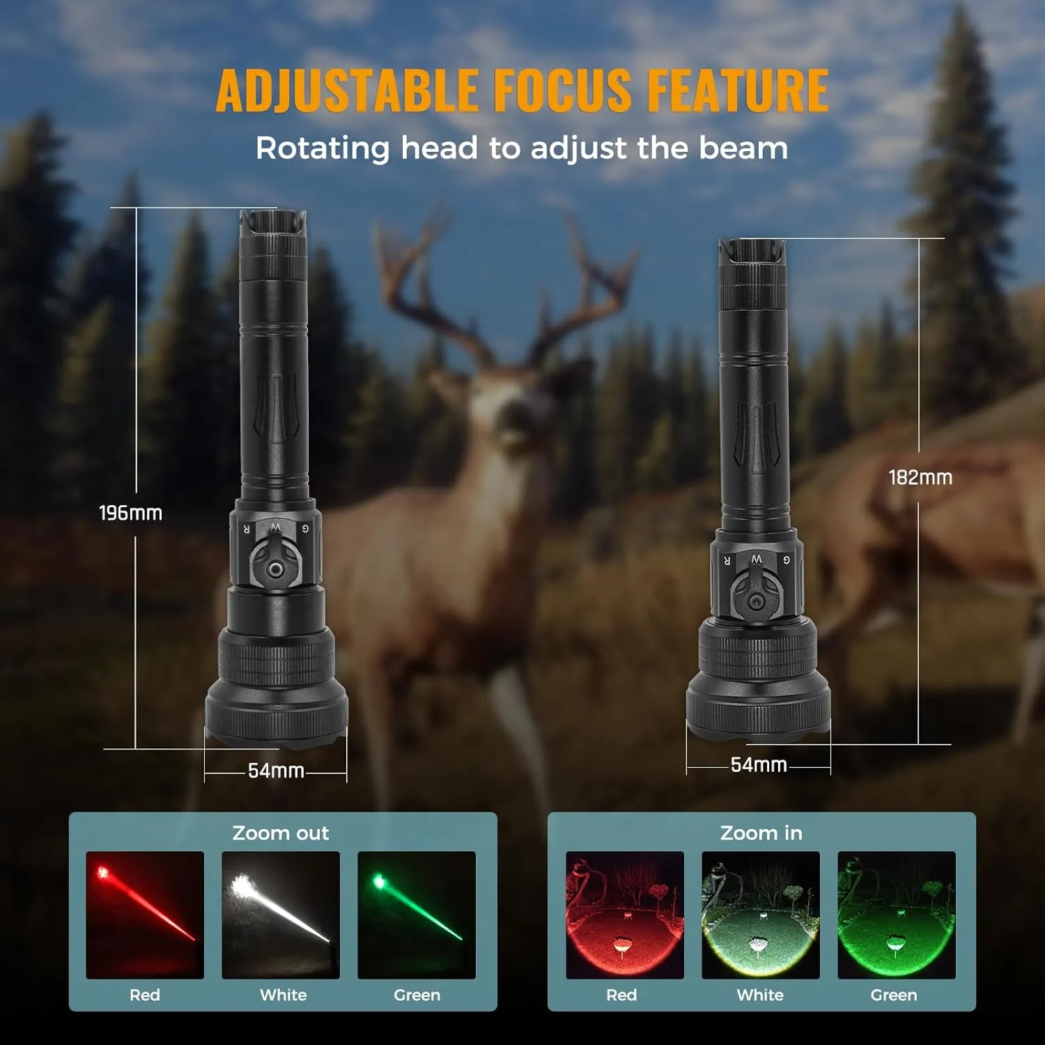 Brinyte T28 LED Hunting Light 3-Color-in-1(Red, White, Green) Zoomable Predator Flashlight with Remote Pressure Switch, IPX6 Waterproof for Hogs Coon Coyote Varmint Hunting