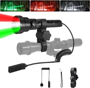 Brinyte T28 LED Zoomable Hunting Light, 3 Color in 1(Red,Green,White) Predator Flashlight with Pressure Switch Mount, IPX6 Waterproof for Hogs Coon Coyote Varmint Hunting