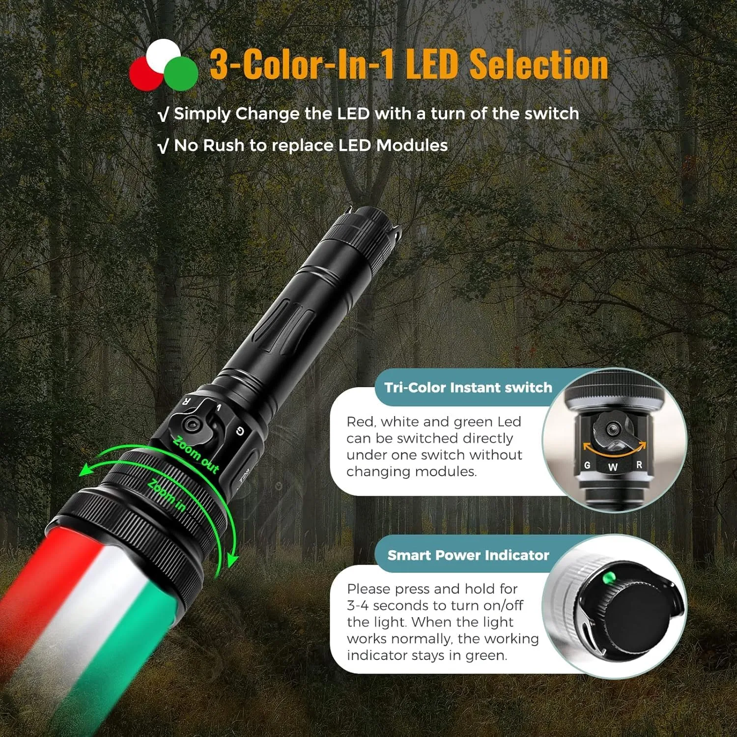 Brinyte T28 LED Zoomable Hunting Light, 3 Color in 1(Red,Green,White) Predator Flashlight with Pressure Switch Mount, IPX6 Waterproof for Hogs Coon Coyote Varmint Hunting