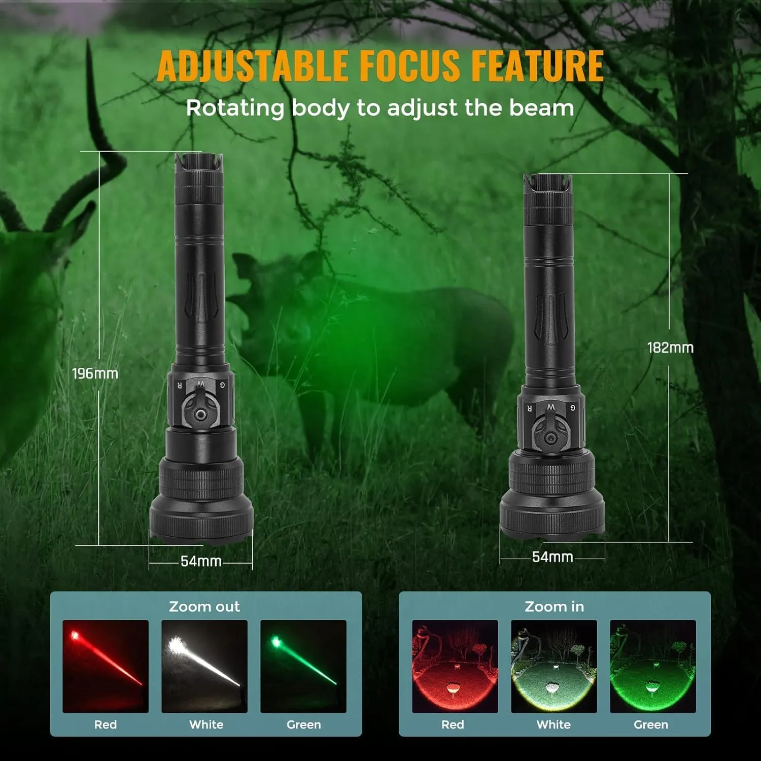Brinyte T28 LED Zoomable Hunting Light, 3 Color in 1(Red,Green,White) Predator Flashlight with Pressure Switch Mount, IPX6 Waterproof for Hogs Coon Coyote Varmint Hunting
