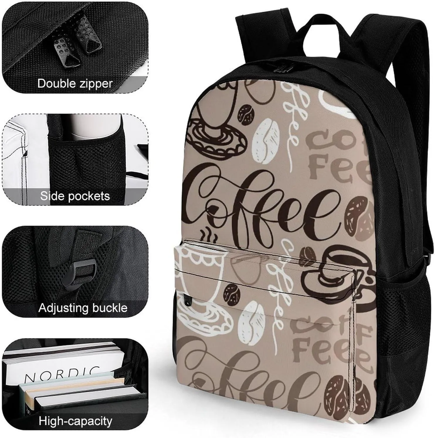 Brown Coffee Maker Beans Theme A Large Capacity Backpack with Pockets, Suitable for Outdoor Use, Etc