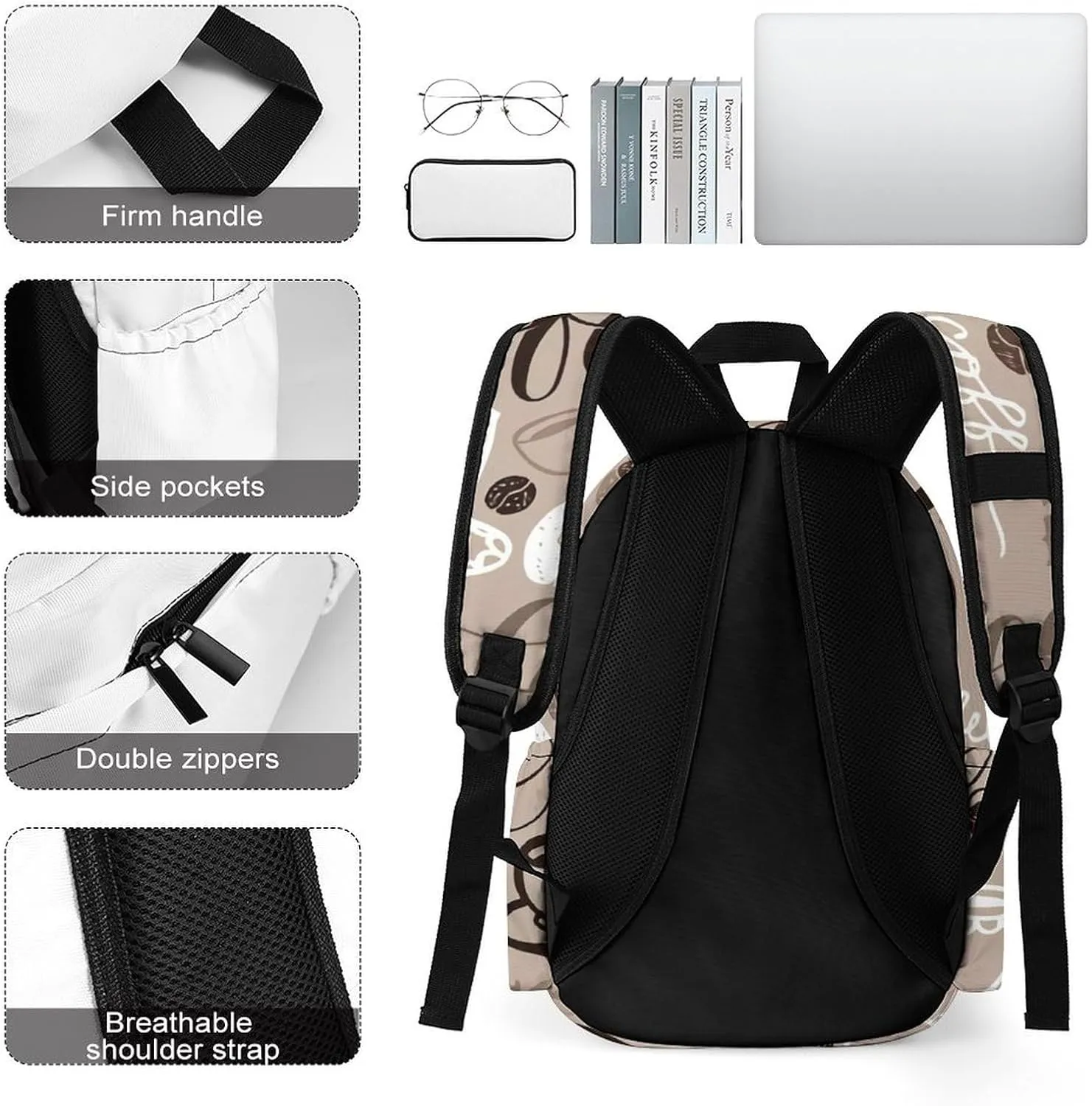 Brown Coffee Maker Beans Theme Classic And Stylish Large Capacity Portable Half Print Backpack