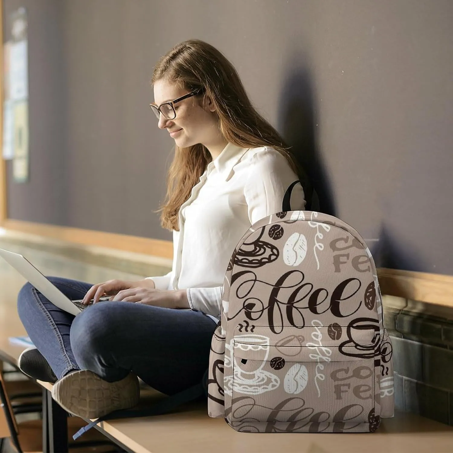 Brown Coffee Maker Beans Theme Classic And Stylish Large Capacity Portable Half Print Backpack