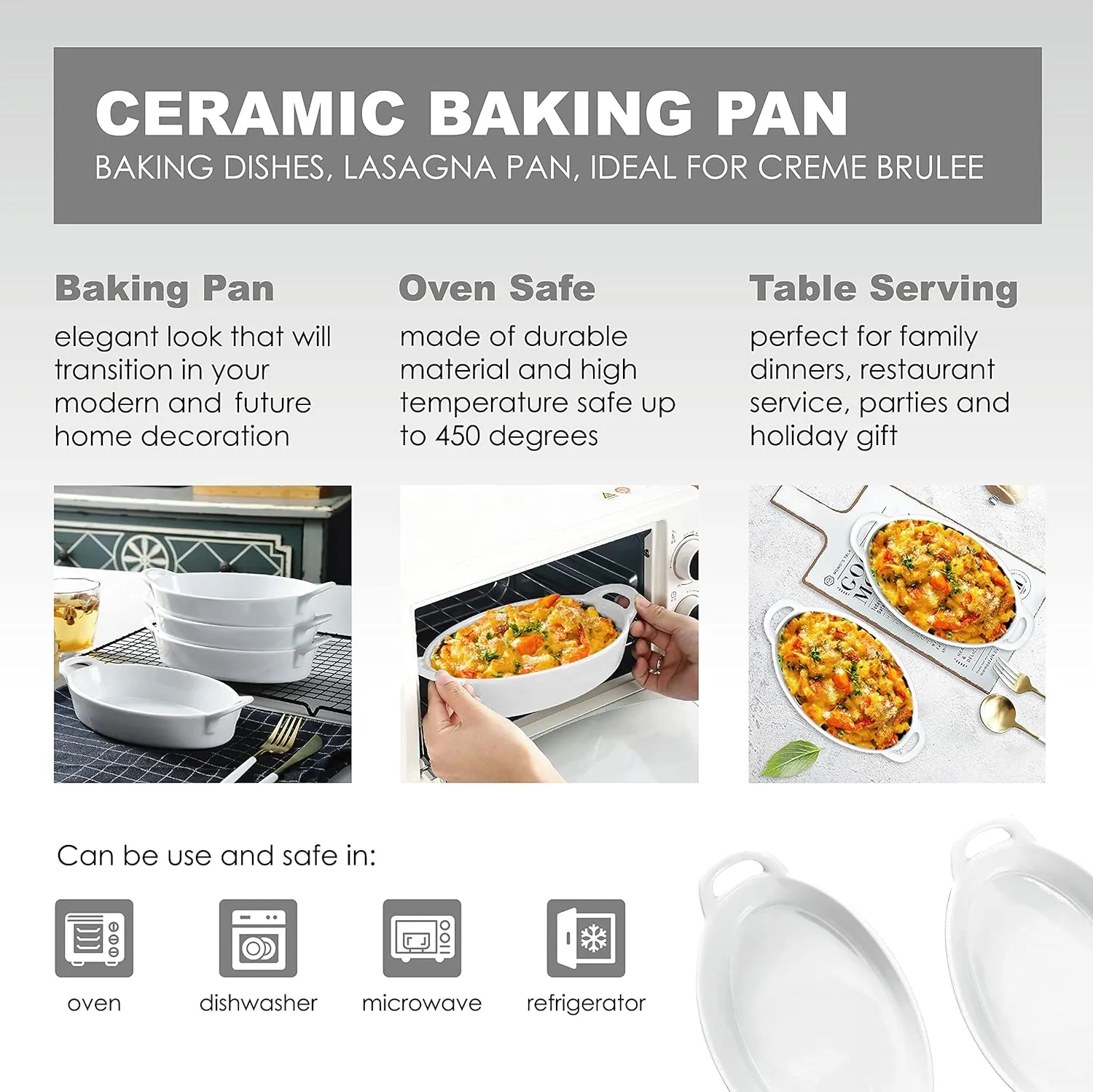 Bruntmor 8 x 5 inch Oval Porcelain Ceramic Deep Dish Au Gratin Pan Set of 4, Dual Handle Au Gratin Baking Dishes, Oven Safe Roasting Lasagna Pan For kitchen- White