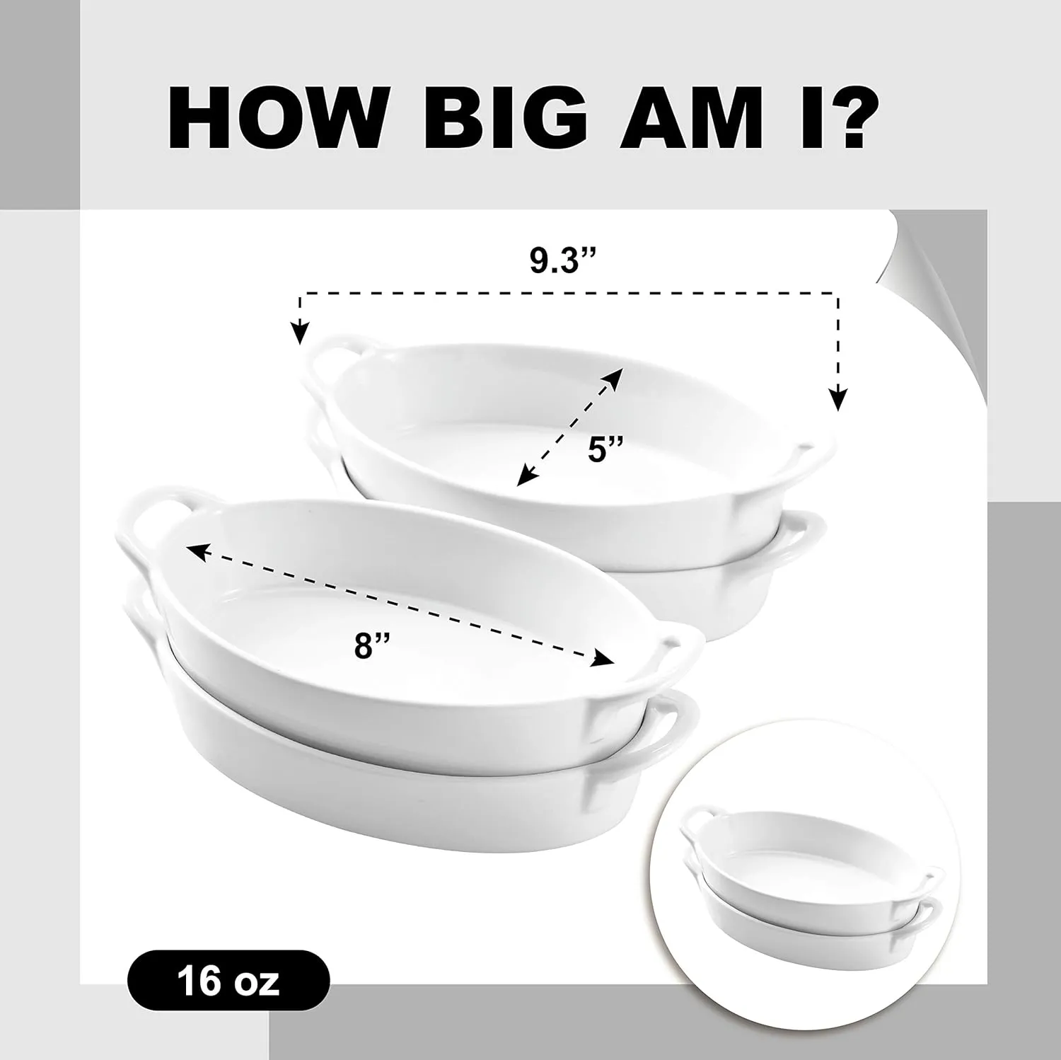 Bruntmor 8 x 5 inch Oval Porcelain Ceramic Deep Dish Au Gratin Pan Set of 4, Dual Handle Au Gratin Baking Dishes, Oven Safe Roasting Lasagna Pan For kitchen- White