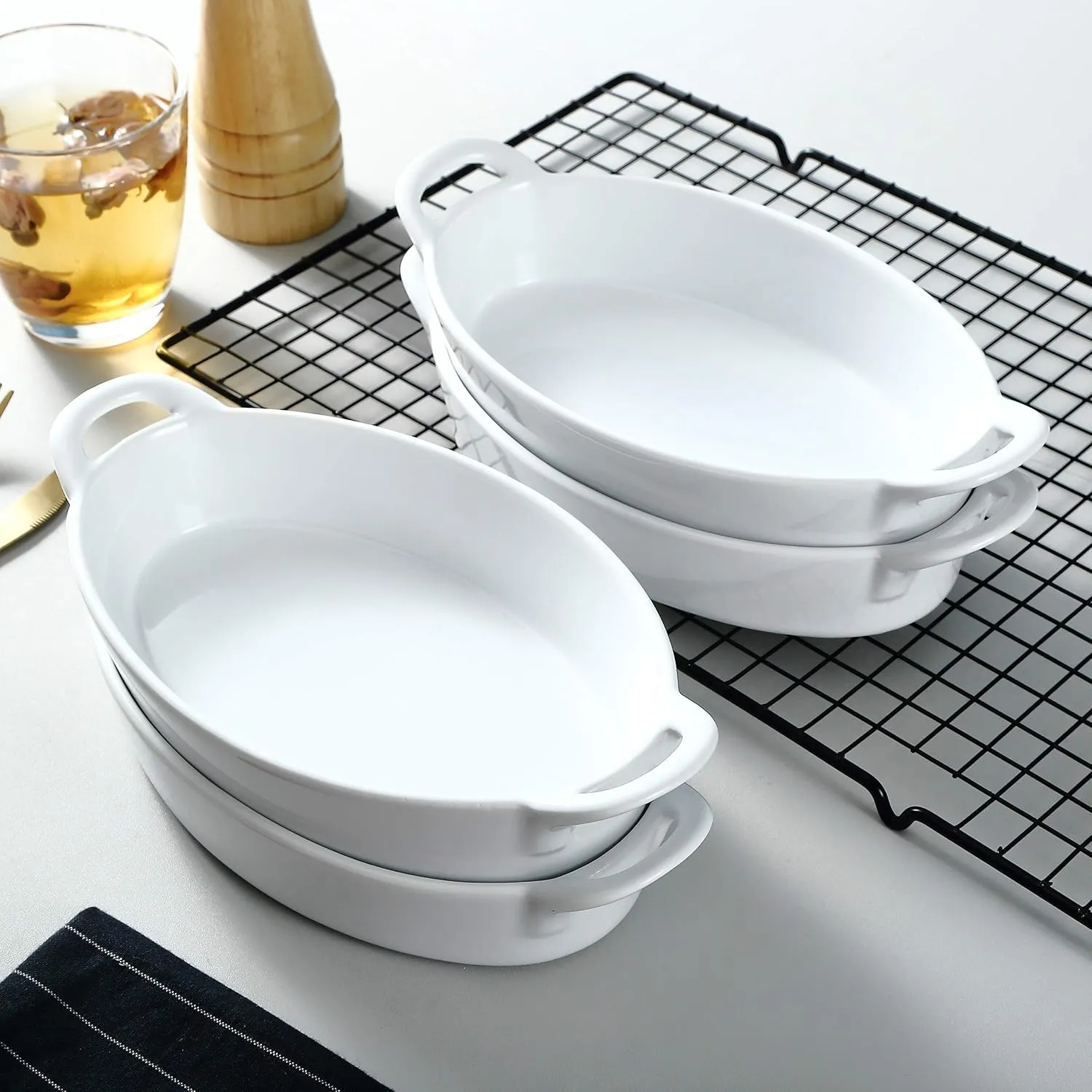 Bruntmor 8 x 5 inch Oval Porcelain Ceramic Deep Dish Au Gratin Pan Set of 4, Dual Handle Au Gratin Baking Dishes, Oven Safe Roasting Lasagna Pan For kitchen- White