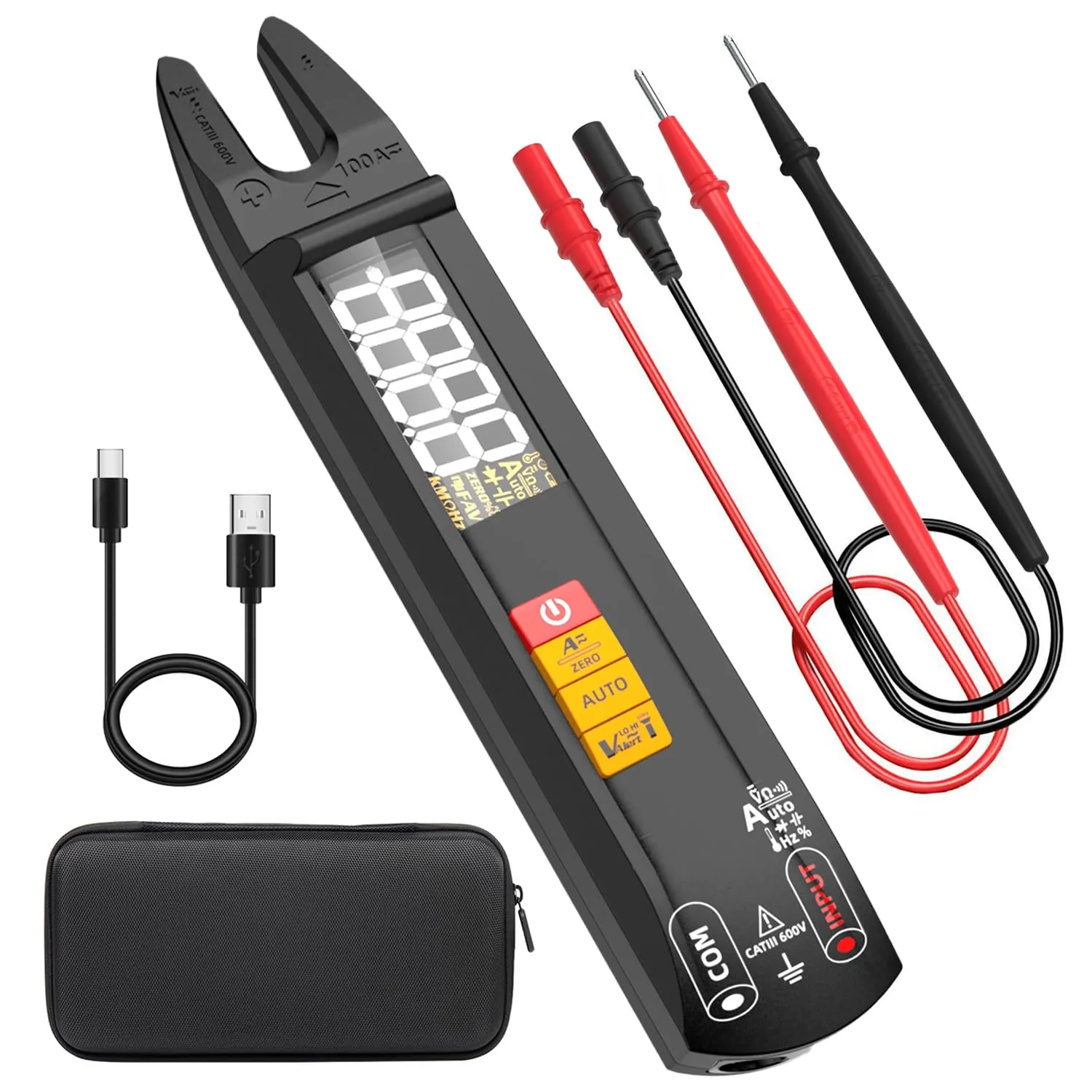 BSIDE DC AC Clamp Meter Open Jaw Smart Digital Multimeter Tester, Rechargeable with True RMS, Measures Current Capacitance Diode Duty Cycle Ohm Hz Continuity V-Alert Live Check Environment Temperature