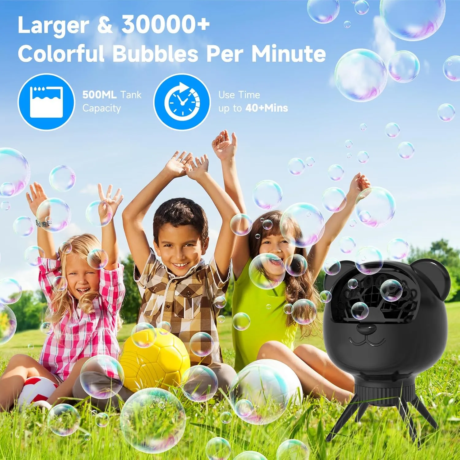 Bubble Machine for Kids & Parties – 500ML, 38,000  Bubbles/Min, 90°/180° Auto-Rotation, 2-Speed Rechargeable Bubble Maker, Portable Bubble Blower for Indoor Outdoor Birthday Wedding (Black)