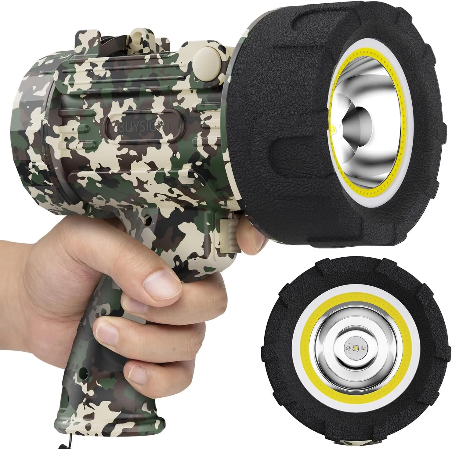 BUYSIGHT Rechargeable Spotlight Flashlight,1200 lumens Hand held Spotlight Waterproof Flashlight Hunting floodlight with red Lens(Camouflage Green-COB)