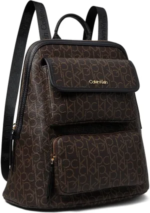 Calvin Klein Women's Enya Signature Backpack, Brown/Khaki/Black, Large