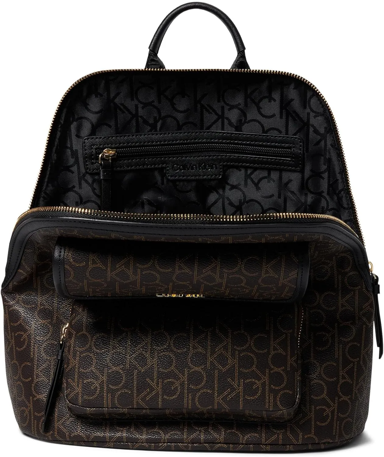 Calvin Klein Women's Enya Signature Backpack, Brown/Khaki/Black, Large