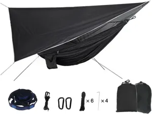 Camp Portable Mosquito Net Nylon Camping Hammock with Rain Fly Canopy Tarp for Outdoor Hanging Bed Sleeping Strong (Color : Black)