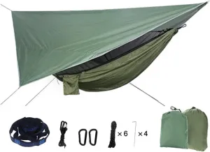 Camp Portable Mosquito Net Nylon Camping Hammock with Rain Fly Canopy Tarp for Outdoor Hanging Bed Sleeping Strong (Color : Green 1)