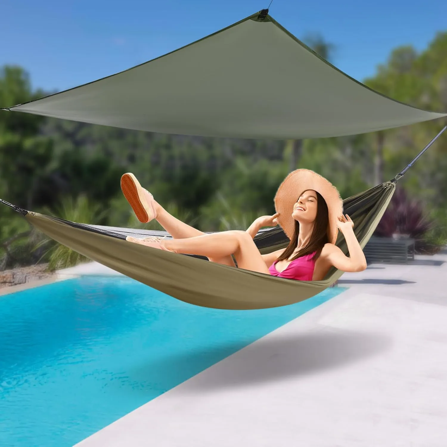 Camping Hammock, Hammocks with Mosquito Net Tent and Rain Fly Tarp, Double&Single Sizes w/Tree Straps and Attached Carry Bag, 400 lb Capacity, Indoor Outdoor Backpacking Travel (Green)