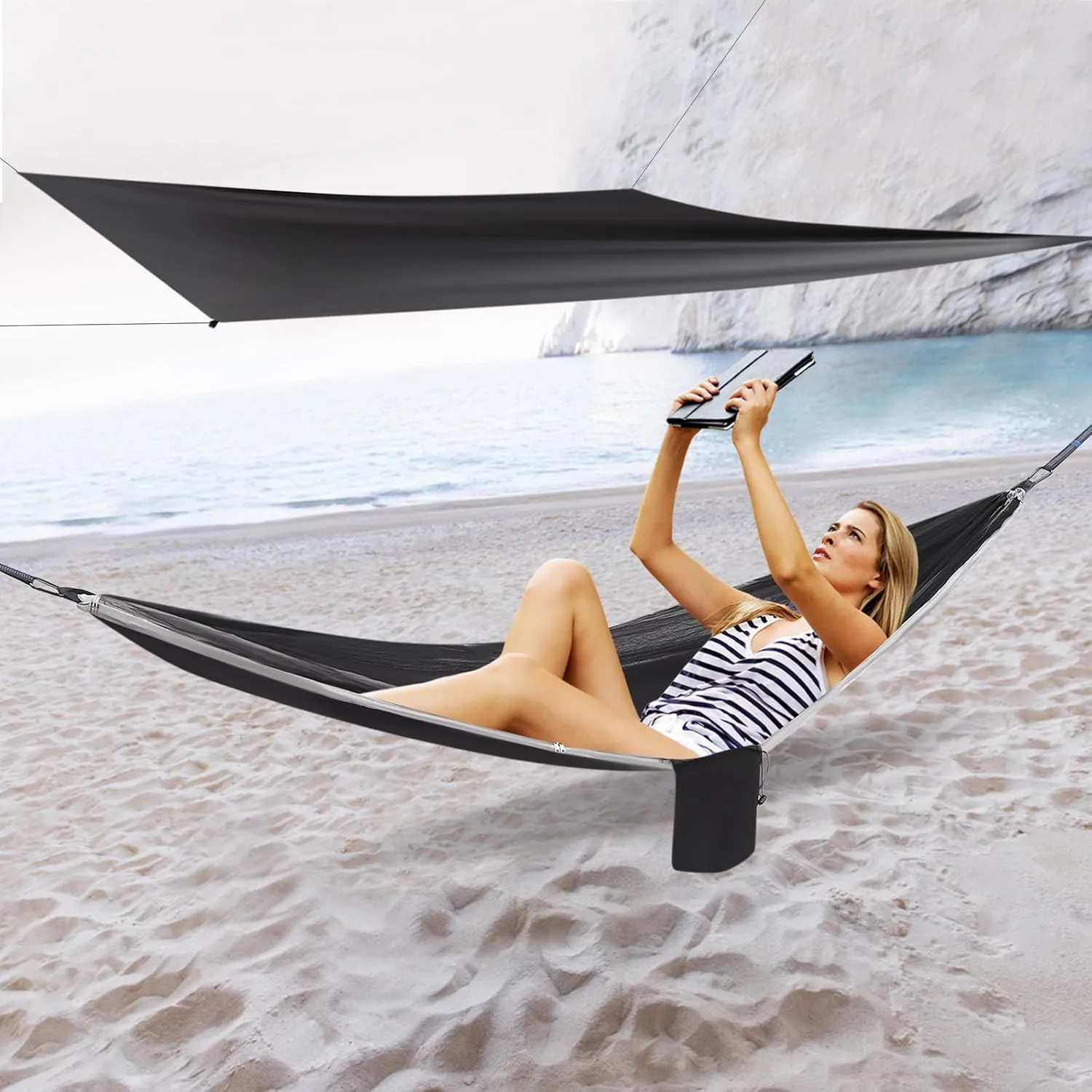 Camping Hammock with Net Tent and Rain Fly Tarp, 2 in 1 Portable Tree Hammock Outdoor, Tree Strap Hammock Set for Camping, Traveling, Hiking, Built-in Pocket, Load Max 440.9 lbs (Black Gray)