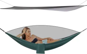 Camping Hammock with Net Tent and Rain Fly Tarp, 2 in 1 Portable Tree Hammock Outdoor, Tree Strap Hammock Set for Camping, Traveling, Hiking, Built-in Pocket, Load Max 440.9 lbs (Black Green)