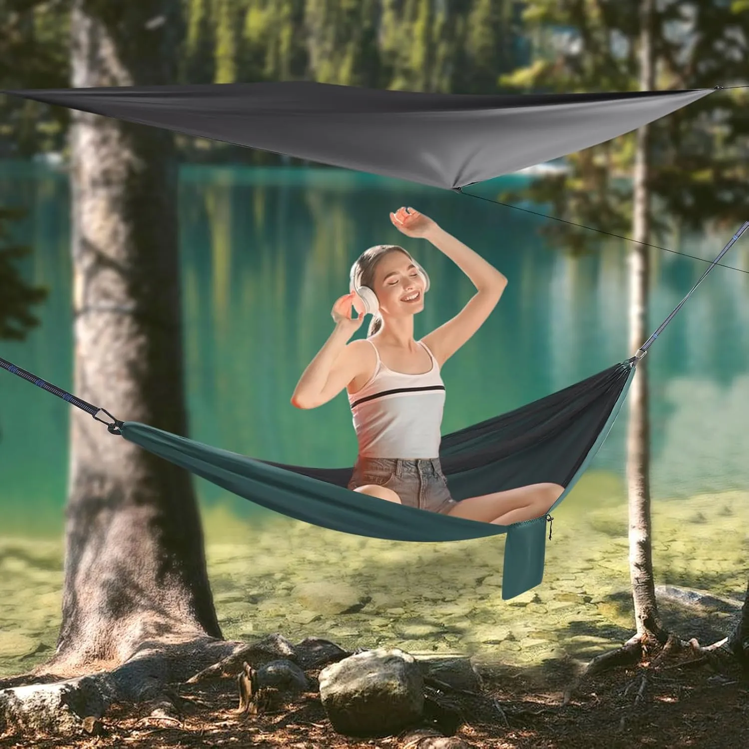 Camping Hammock with Net Tent and Rain Fly Tarp, 2 in 1 Portable Tree Hammock Outdoor, Tree Strap Hammock Set for Camping, Traveling, Hiking, Built-in Pocket, Load Max 440.9 lbs (Black Green)