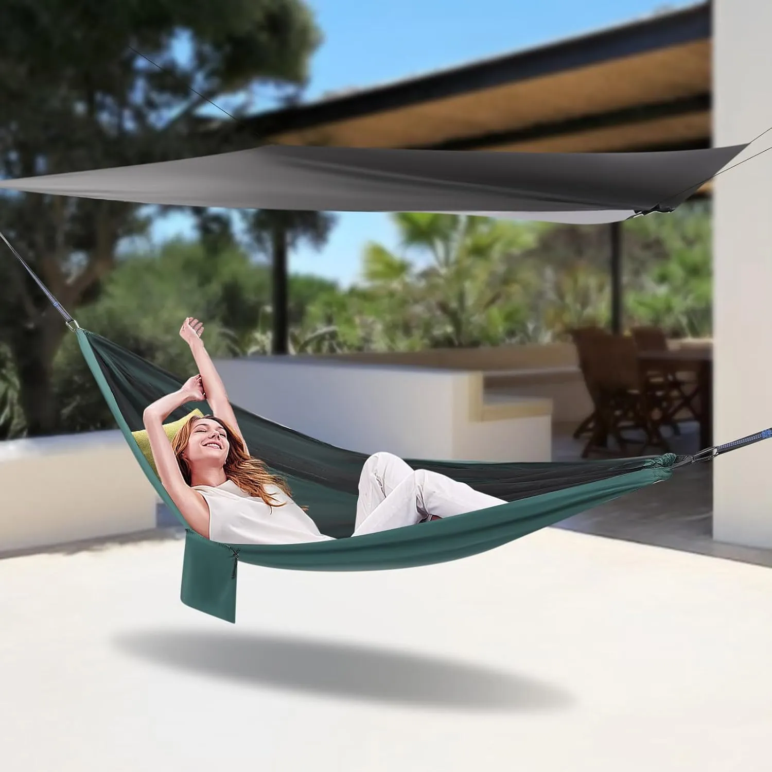 Camping Hammock with Net Tent and Rain Fly Tarp, 2 in 1 Portable Tree Hammock Outdoor, Tree Strap Hammock Set for Camping, Traveling, Hiking, Built-in Pocket, Load Max 440.9 lbs (Black Green)