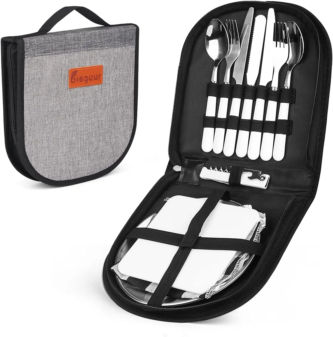 Camping Kitchen Silverware Mess Kit Cutlery Organizer 2 Person Dinnerware Set - 12pcs Eating Utensils Set with Stainless Steel Plate Spoon Serrated & Butter Knife Wine Opener Fork Napkin