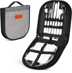 Camping Kitchen Silverware Mess Kit Cutlery Organizer 2 Person Dinnerware Set - 12pcs Eating Utensils Set with Stainless Steel Plate Spoon Serrated & Butter Knife Wine Opener Fork Napkin