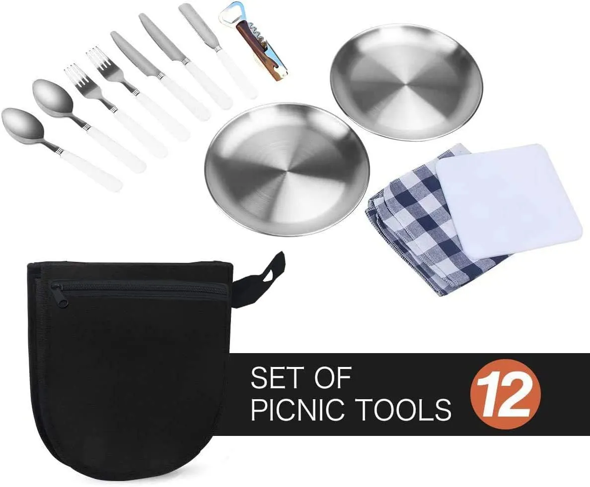 Camping Kitchen Silverware Mess Kit Cutlery Organizer 2 Person Dinnerware Set - 12pcs Eating Utensils Set with Stainless Steel Plate Spoon Serrated & Butter Knife Wine Opener Fork Napkin