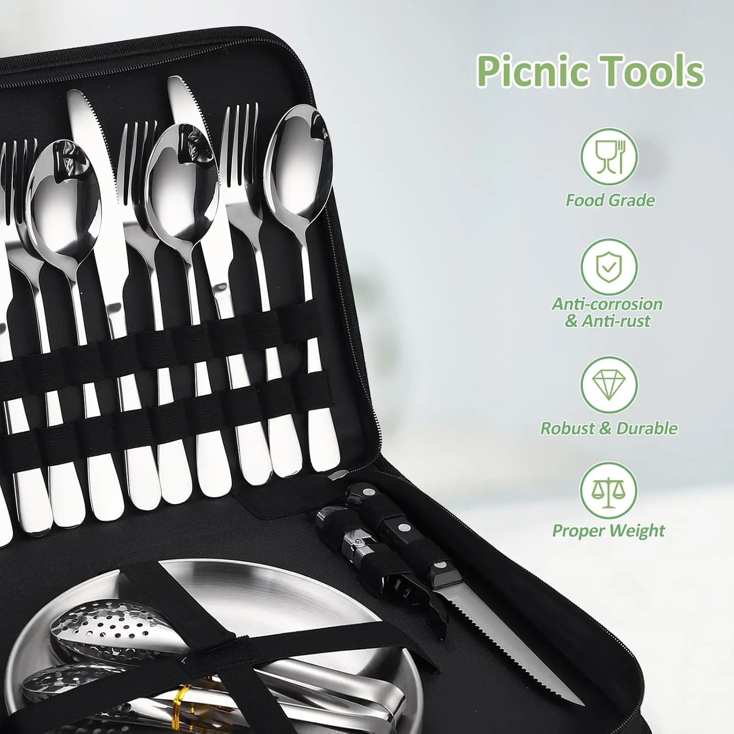 Camping Silverware Kit Cutlery Organizer Utensil Picnic Set Stainless Steel Plate Spoon Clip and Serrated Knife Wine Opener Fork Napkin Hiking - Camp Kitchen BBQ’s