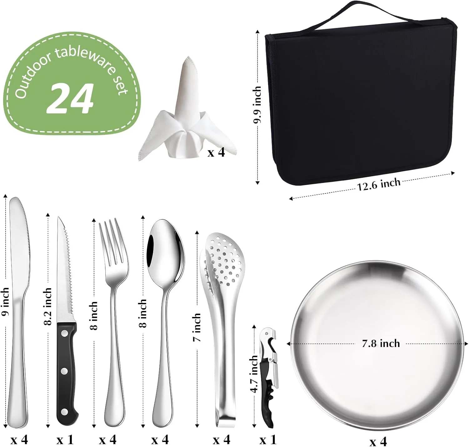 Camping Silverware Kit Cutlery Organizer Utensil Picnic Set Stainless Steel Plate Spoon Clip and Serrated Knife Wine Opener Fork Napkin Hiking - Camp Kitchen BBQ’s