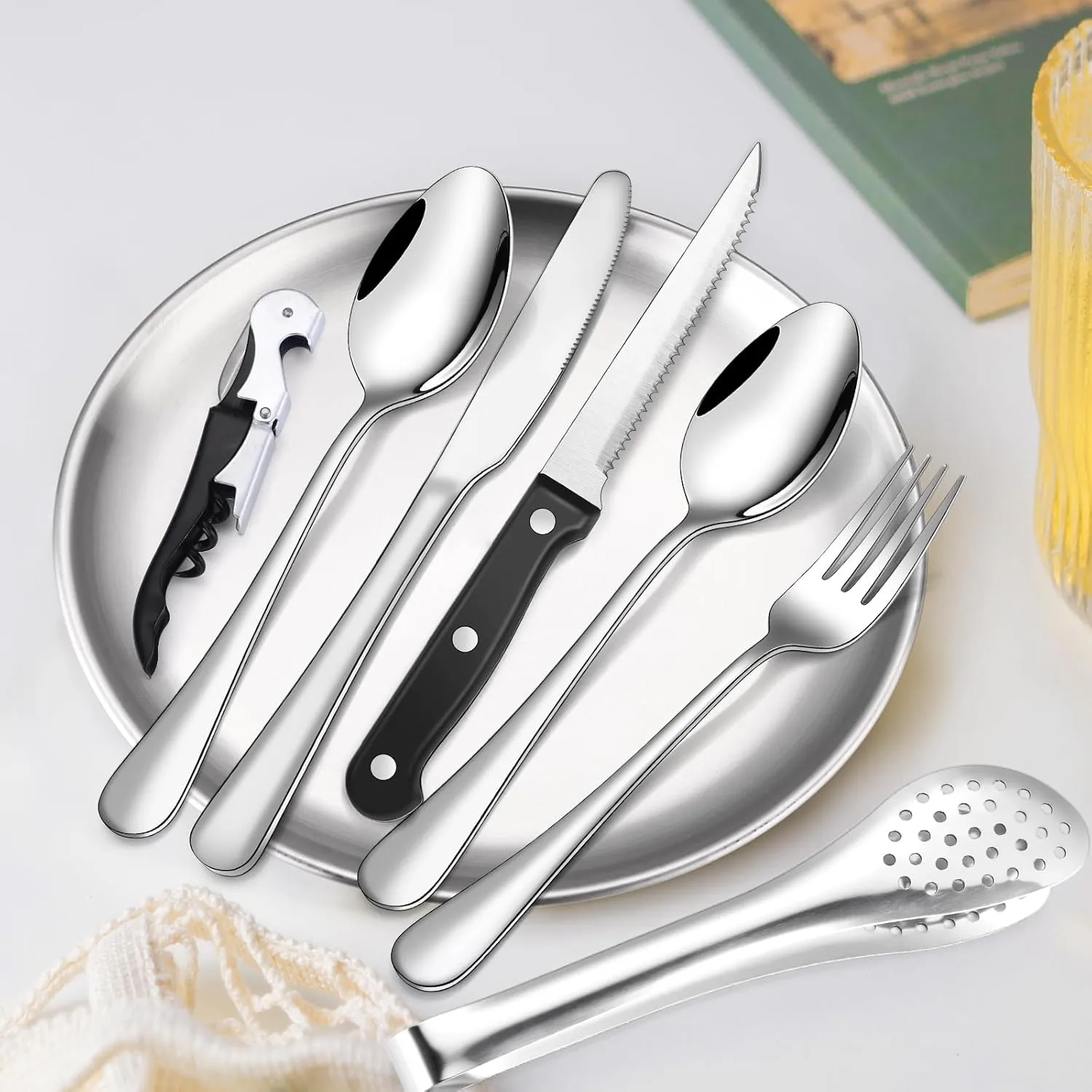 Camping Silverware Kit Cutlery Organizer Utensil Picnic Set Stainless Steel Plate Spoon Clip and Serrated Knife Wine Opener Fork Napkin Hiking - Camp Kitchen BBQ’s