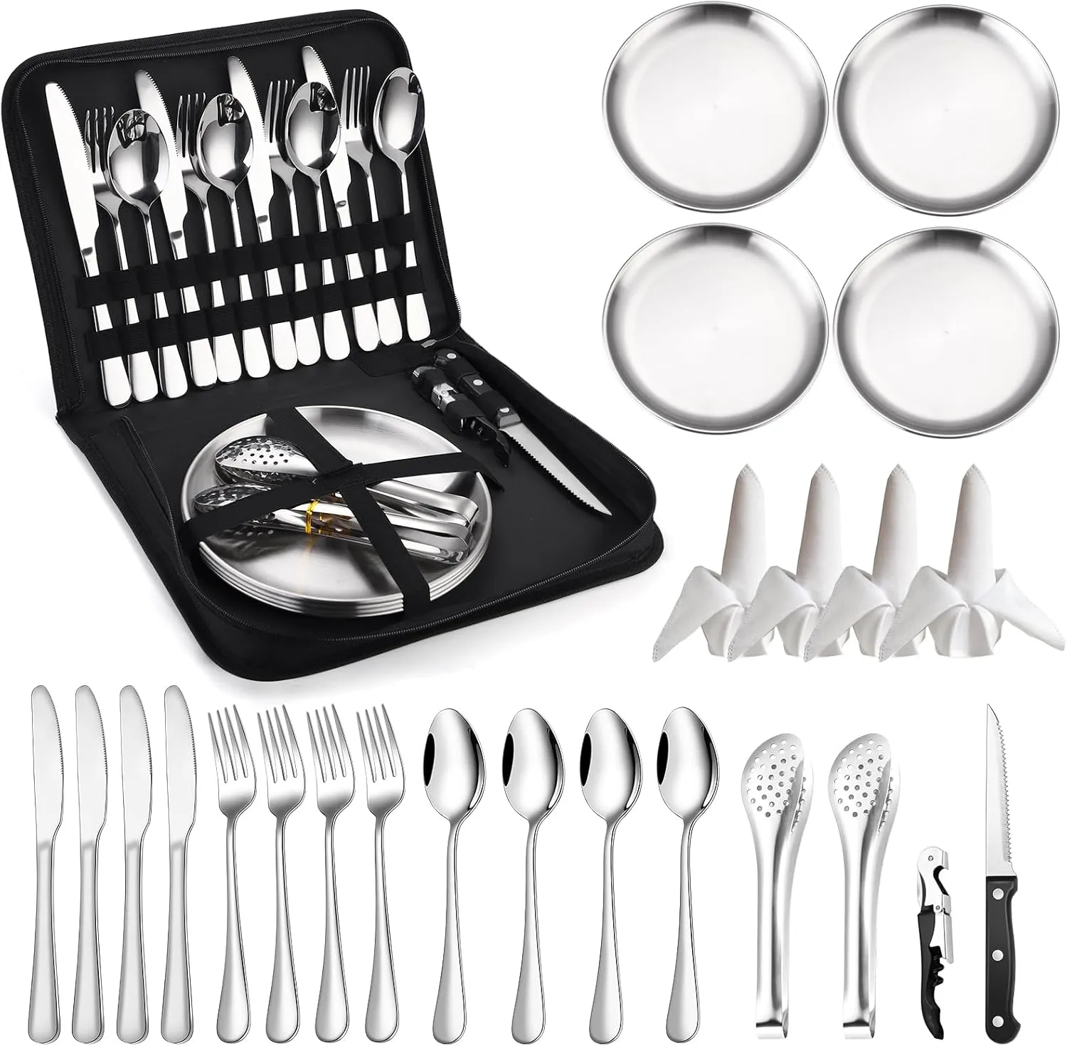 Camping Silverware Kit Cutlery Organizer Utensil Picnic Set Stainless Steel Plate Spoon Clip and Serrated Knife Wine Opener Fork Napkin Hiking - Camp Kitchen BBQ’s
