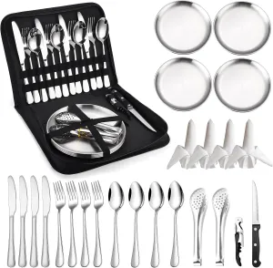 Camping Silverware Kit Cutlery Organizer Utensil Picnic Set Stainless Steel Plate Spoon Clip and Serrated Knife Wine Opener Fork Napkin Hiking - Camp Kitchen BBQ’s