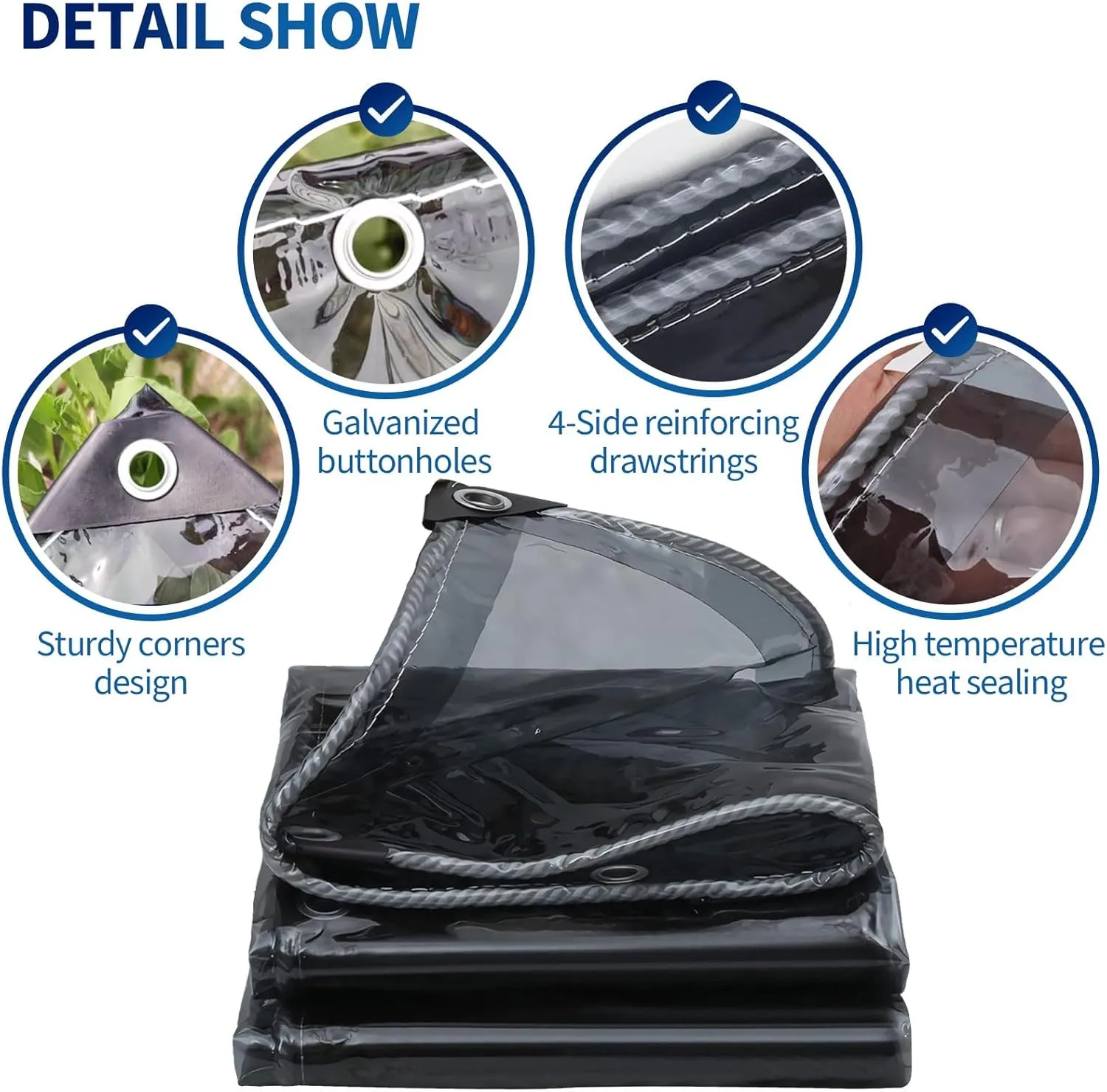 Camping Tarp, Clear PVC Heavy Duty Black Transparent Sheet with Eyelets, Plastic Tarp Cover for Greenhouse Garden Furniture Shed Outdoor Camping Chicken Shed(1.5x2m)