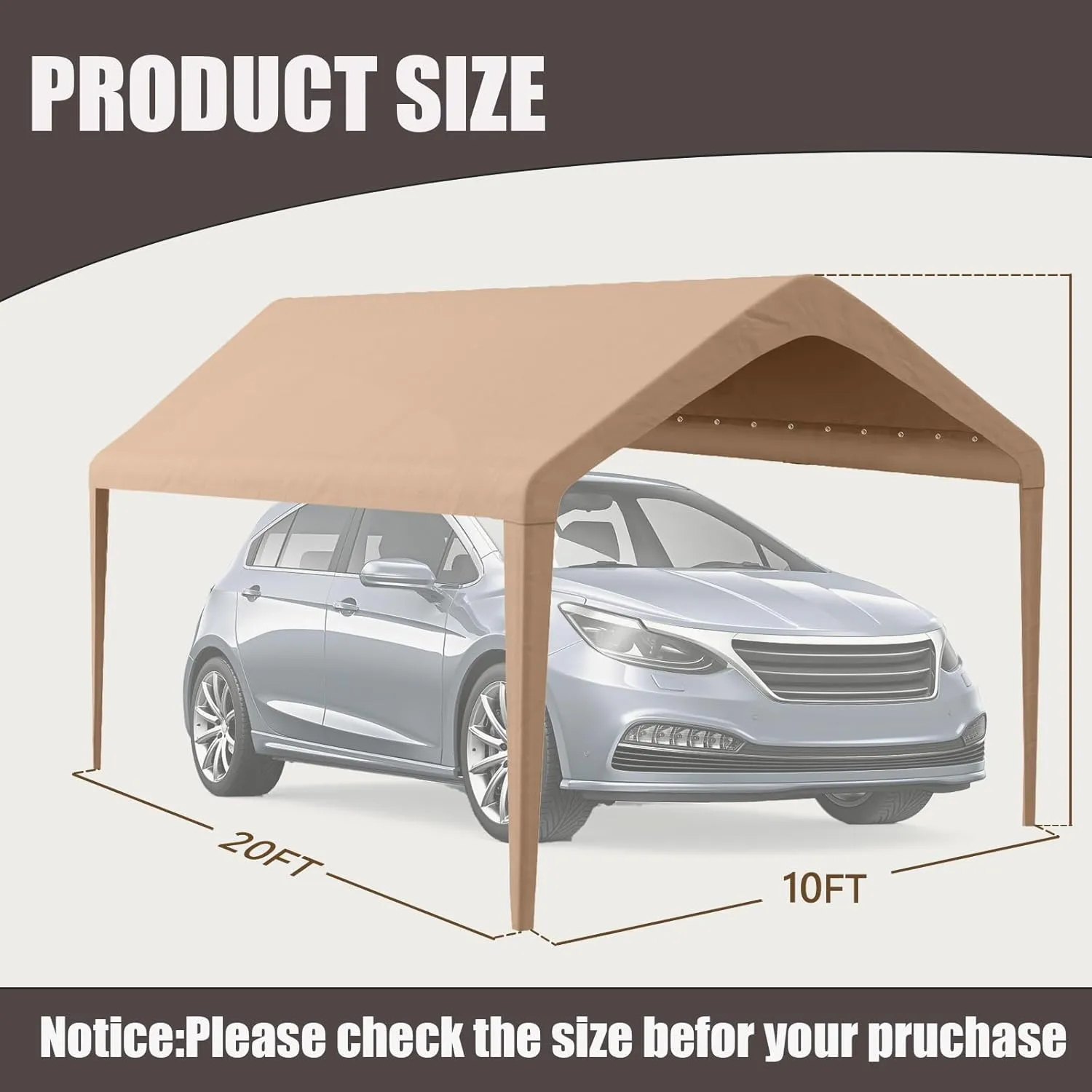 Canopy Replacement Cover, Carport Replacement Canopy, 800D Oxford Waterproof & UV Protected Tarp with Ball Bungees (Frame is not Included) (Beige, 10x20)