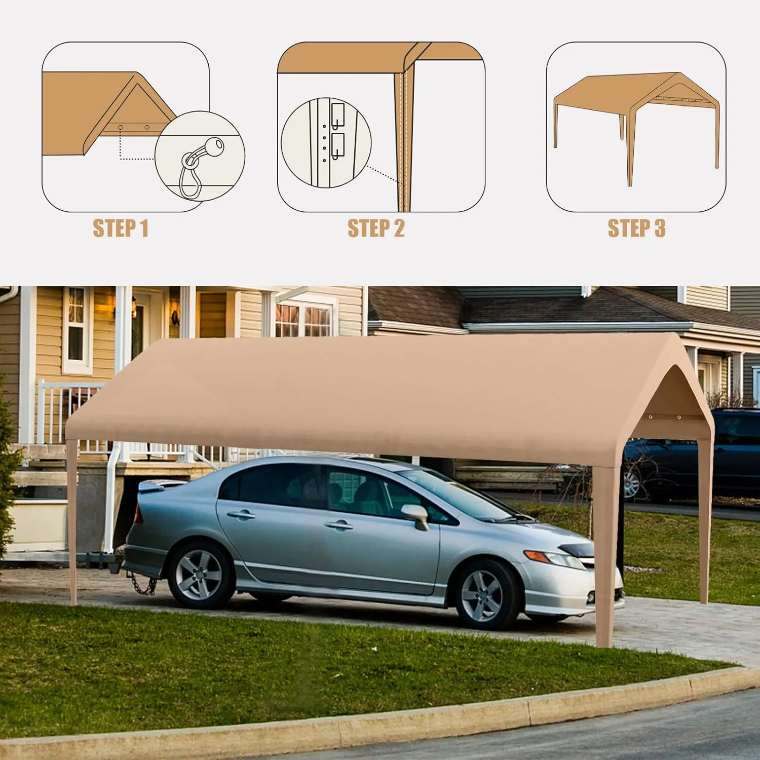 Canopy Replacement Cover, Carport Replacement Canopy, 800D Oxford Waterproof & UV Protected Tarp with Ball Bungees (Frame is not Included) (Beige, 10x20)