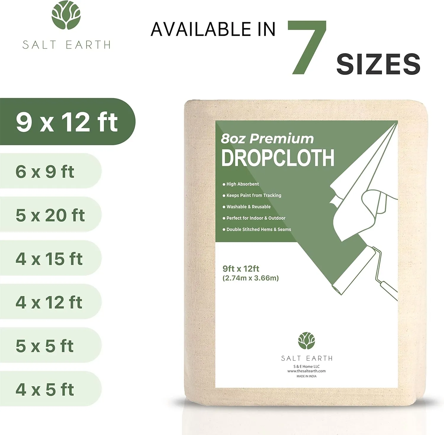 Canvas Drop Cloth by Salt Earth, Pack of 1 Reusable Paint Drop Cloth, 100% Recycled Cotton, All Purpose Painters Drop Cloth, Cotton Canvas Tarp Cover for Painter Furniture & Floor Protection (9x12FT)