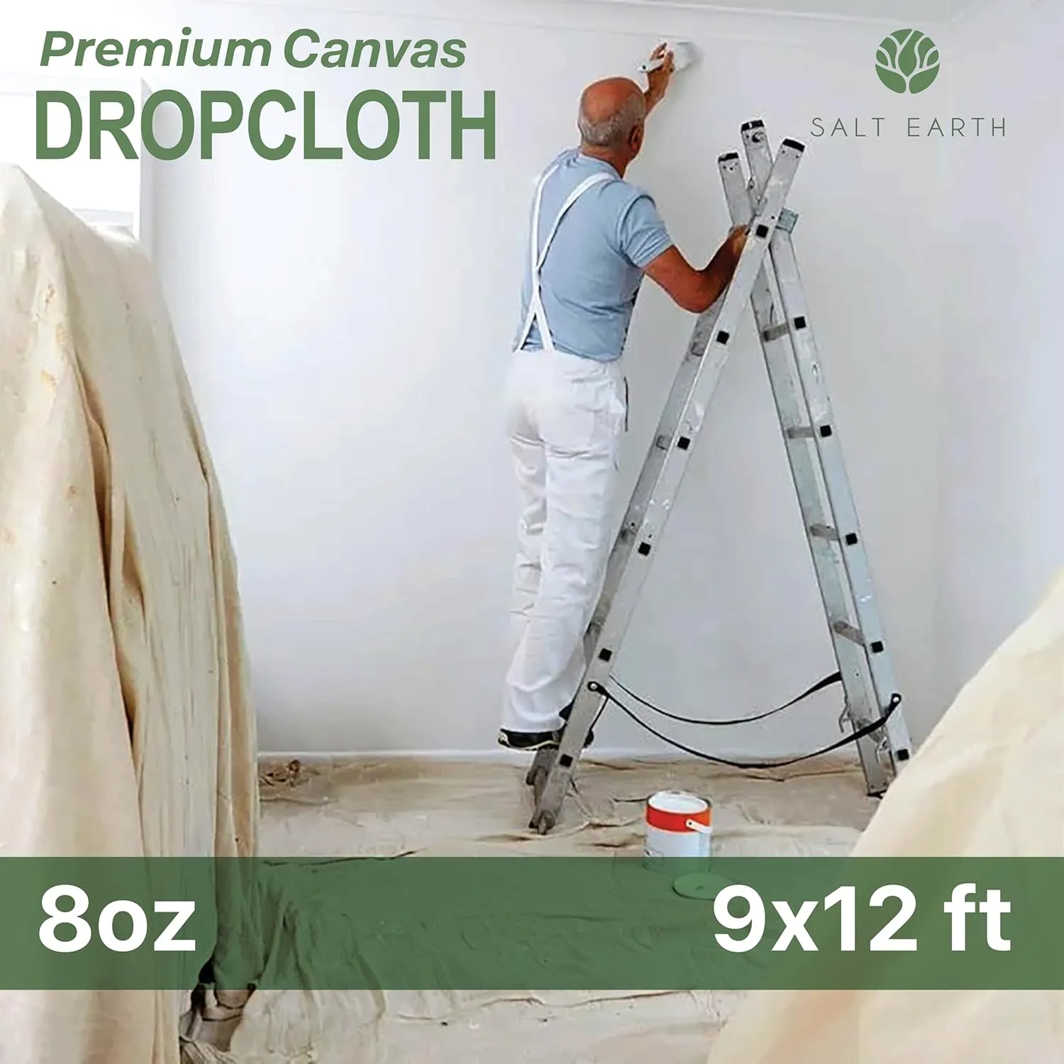 Canvas Drop Cloth by Salt Earth, Pack of 1 Reusable Paint Drop Cloth, 100% Recycled Cotton, All Purpose Painters Drop Cloth, Cotton Canvas Tarp Cover for Painter Furniture & Floor Protection (9x12FT)