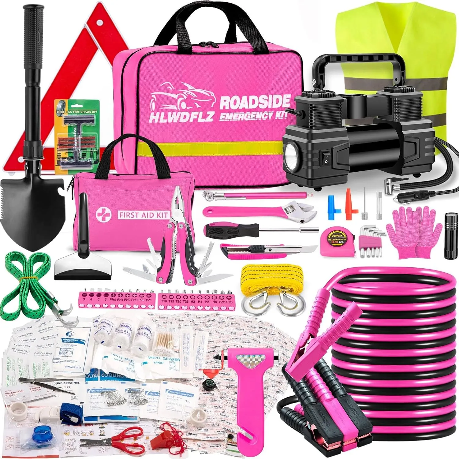 Car Emergency Kit - Portable Air Compressor, Winter Travel, Safety Kit for Cars, Trucks (Pink)