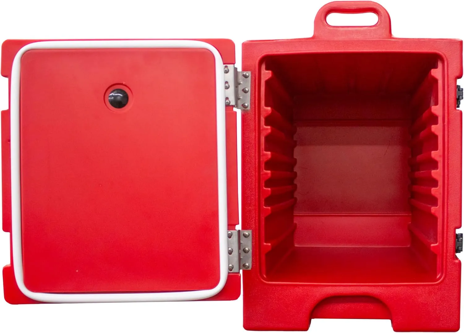 Carlisle FoodService Products Insulated Food Pan Carrier, Holds 5 Full or 10 Half 2.5" Pans (Sold Separately), Front-Loading Cateraide with Handles, Rugged PE Shell with PU Insulation, Red