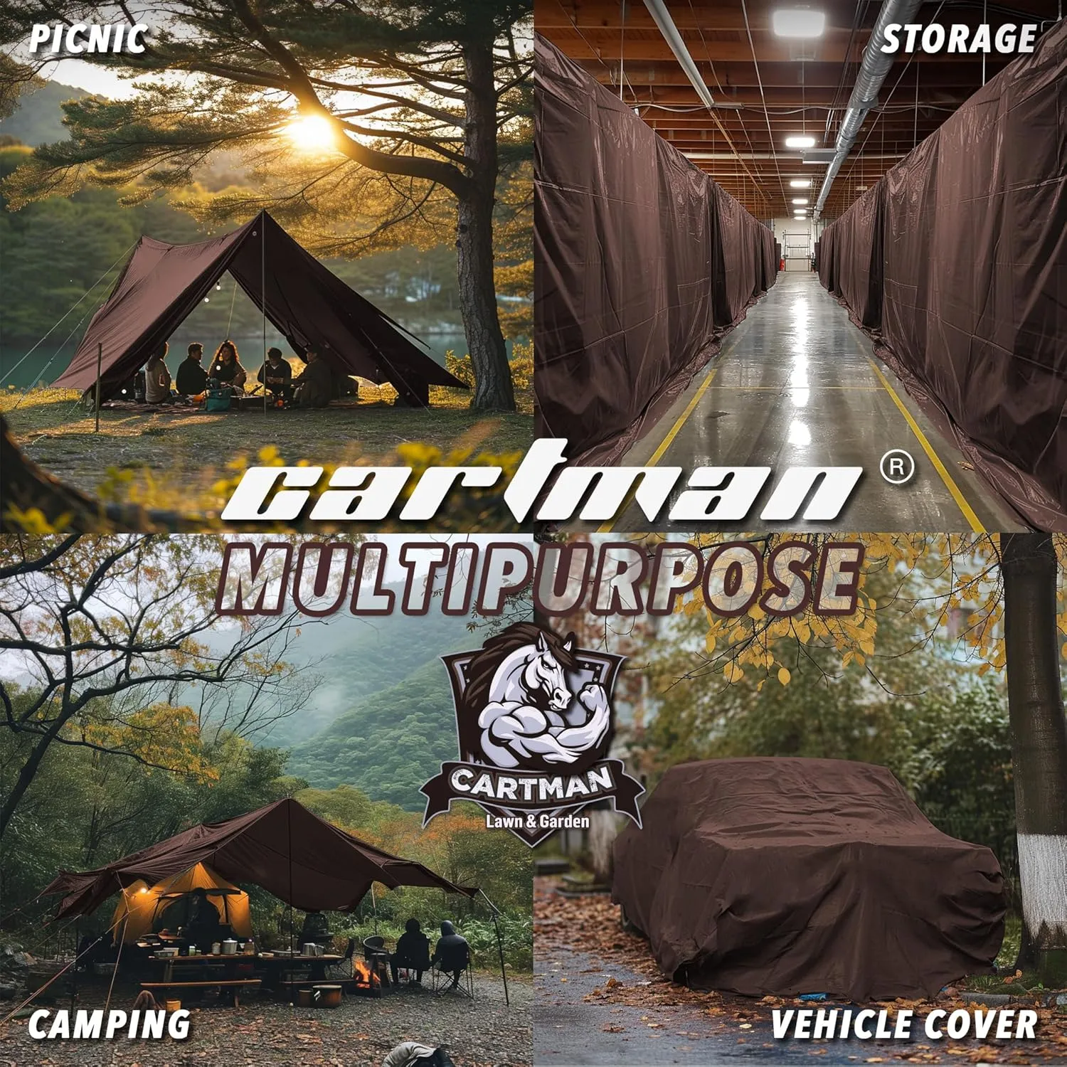 CARTMAN Finished Size 10x10 Feet Extra Thick 20 Mil Brown Ultra Heavy Duty Poly Tarp, Multipurpose Protective Cover, UV Resistant, Waterproof Poly Tarpaulin with Reinforced Edges