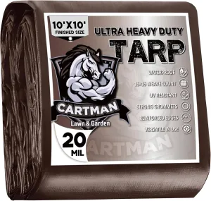 CARTMAN Finished Size 10x10 Feet Extra Thick 20 Mil Brown Ultra Heavy Duty Poly Tarp, Multipurpose Protective Cover, UV Resistant, Waterproof Poly Tarpaulin with Reinforced Edges